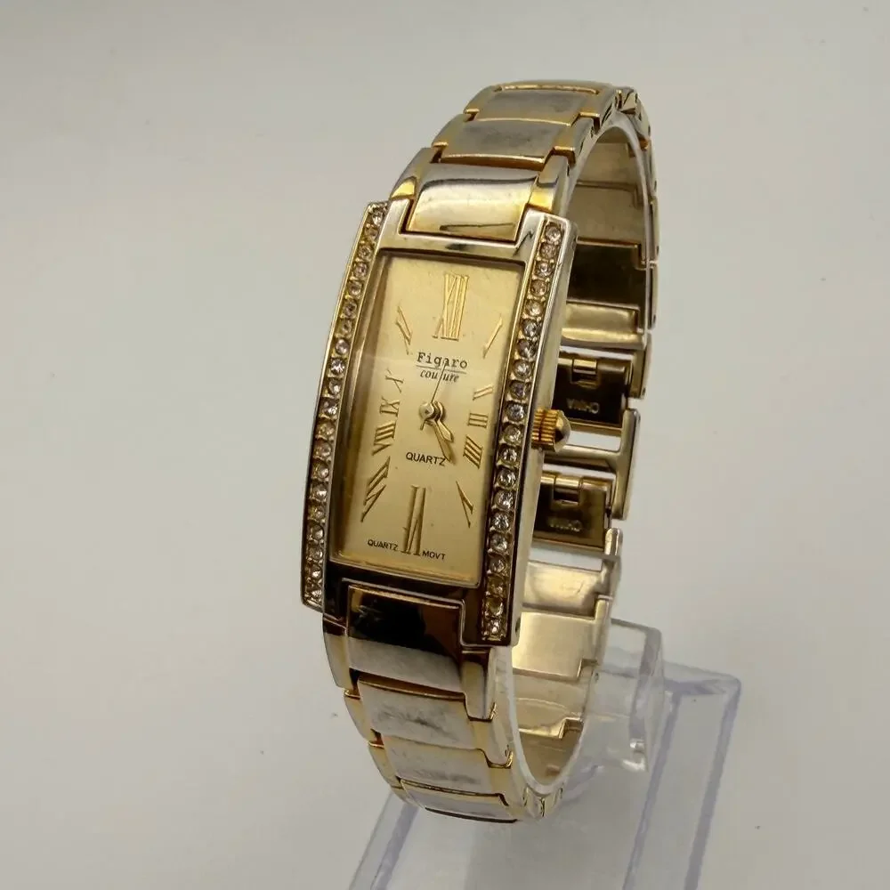 Elegant Figaro Couture Gold-Tone Rectangular Quartz Watch Working New Battery